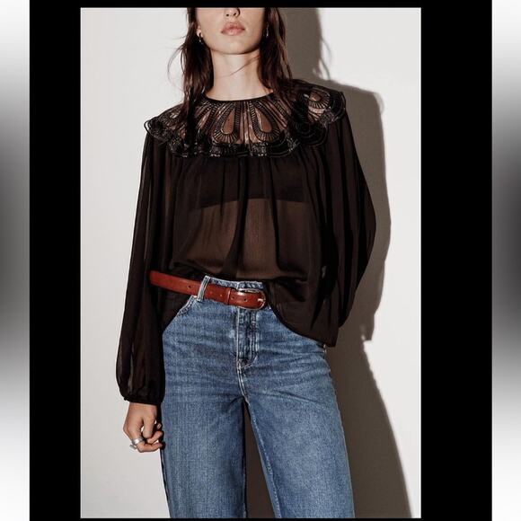 Zara Black ORGANZA BIB COLLAR BLOUSE Size Large - Picture 8 of 12